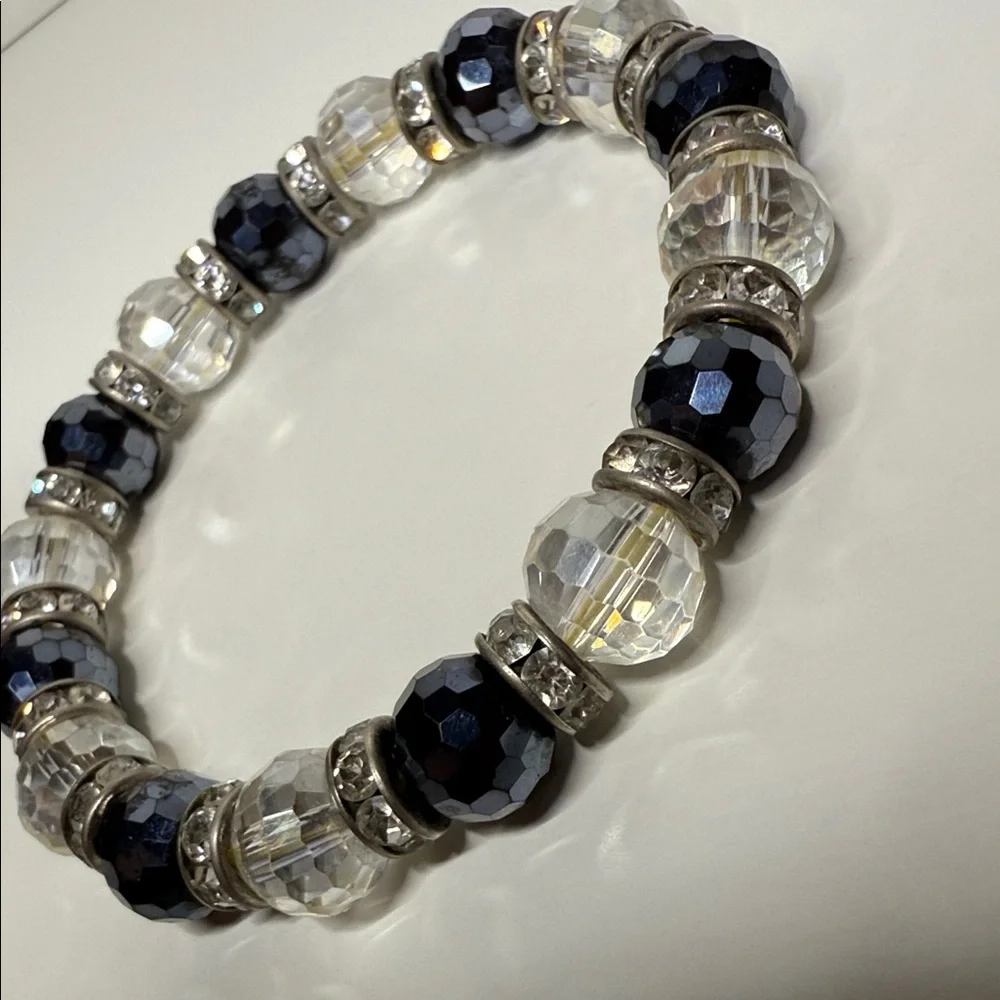 Reserved faceted glass disco ball navy clear Silver Beaded stretch